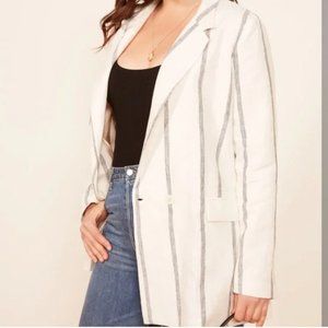 Reformation Ivory And Navy Striped Valero Oversized Linen Blazer Jacket